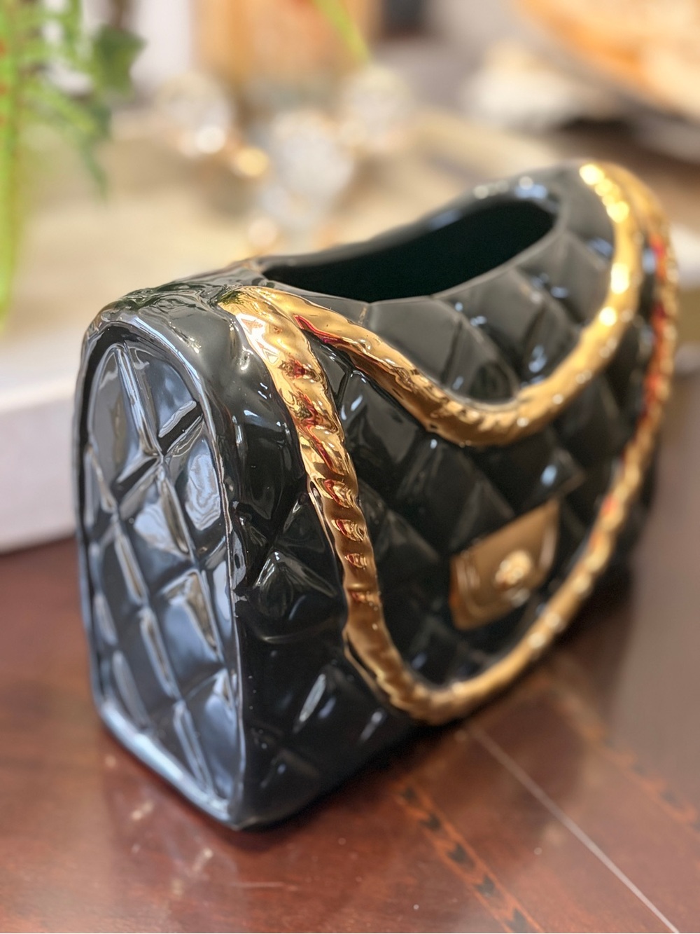 Elegant Ceramic Black Quilted Chain Bag Vase with Gold Hardware - Picture 5 of 10